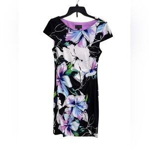 Connected Apparel Black and Purple Floral Midi Dress Size 6